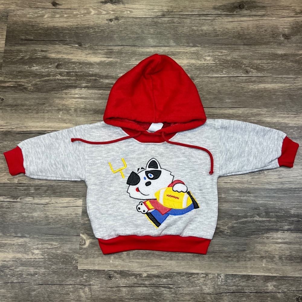Vintage 90s Kids N' Fun‎ Football Puppy Hoodie Toddler 12M Red Gray Sports